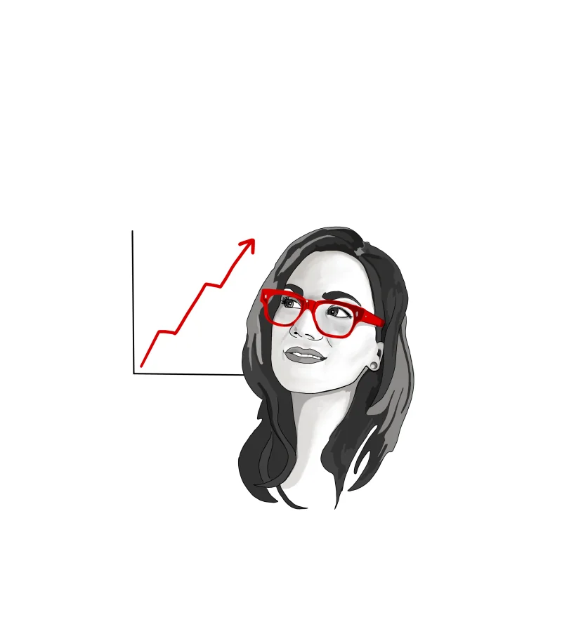 Illustration of Cat Hicks, PhD — red glasses and an upward research trend